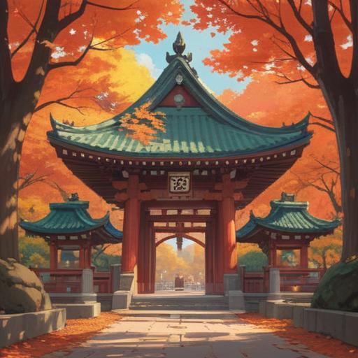 A serene depiction of Hiraoka Shrine, vibrant autumn leaves surrounding the entrance, subtle glowing orbs representing spiritual signs, visitors meditating peacefully, gentle sunlight filtering through trees, a tranquil atmosphere, traditional Japanese architecture, 4k