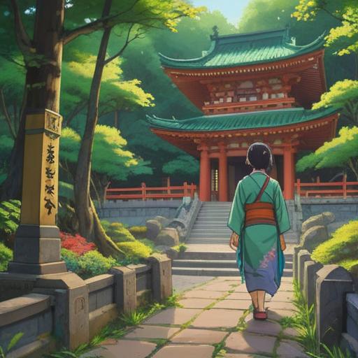 A serene depiction of a visitor at Hiraoka Shrine, holding a lucky charm, traditional Japanese architecture, lush green surroundings, soft sunlight filtering through the trees, peaceful atmosphere, cultural significance of charms, intricate design of the lucky charm, hopeful expression on the visitor's face, 4k