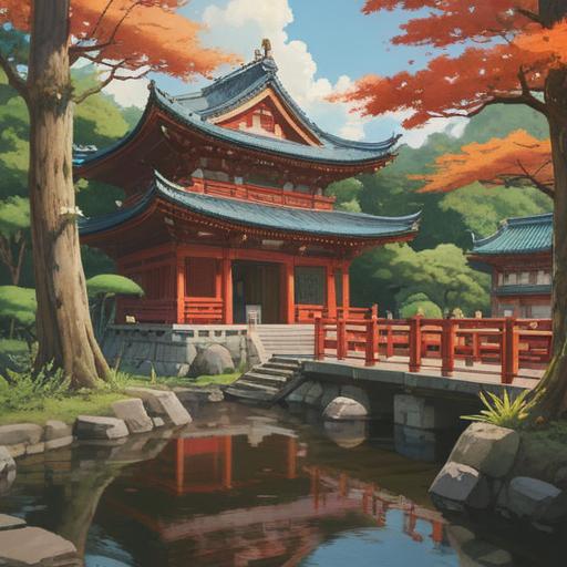 A serene illustration of the Maioka Shrine, lush greenery surrounding the traditional architecture, visitors engaging in thoughtful reflection, subtle sunlight filtering through the trees, a sense of peace and mindfulness, showcasing the essence of incorporating its messages into daily life, cultural significance, tranquility, harmonious atmosphere, 4k