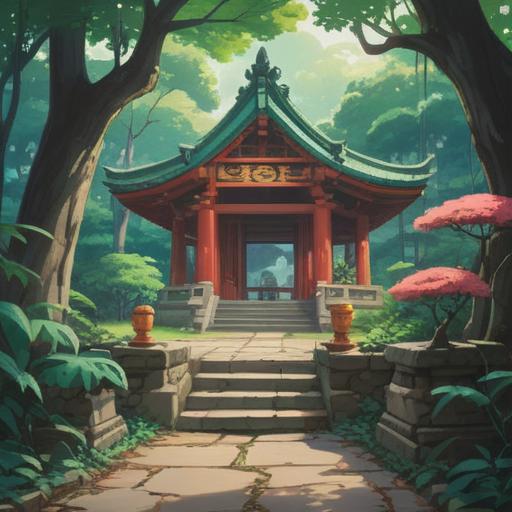 A serene and mystical illustration of the Makata Shrine, surrounded by lush green trees, tranquil atmosphere, ethereal light filtering through the leaves, traditional Japanese architecture, spiritual symbolism, a guardian spirit in the background, inviting path leading to the shrine, harmony with nature, vibrant colors, 4k