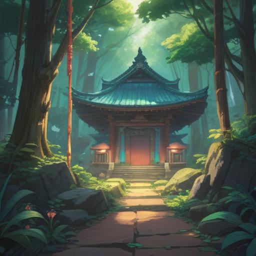 A serene and mystical depiction of the Magatama Shrine, surrounded by lush greenery, ethereal light filtering through the trees, a tranquil atmosphere, a sense of spiritual awakening, symbolic elements representing good omens, visitors experiencing spiritual connection, traditional architecture, peaceful pathways, vibrant nature, 4k