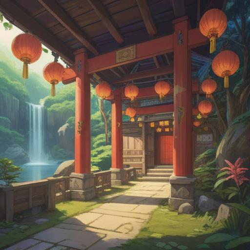 A serene illustration capturing the moment of visiting the Magatama Shrine, spiritual symbols in the surroundings, subtle light rays filtering through the trees, mystical atmosphere, visitors observing signs like feathers, coins, and orbs, peaceful demeanor of worshippers, vibrant yet soothing colors, intricate details of the shrine architecture, 4k