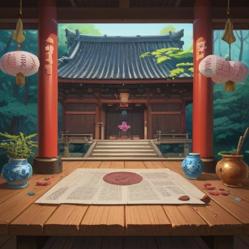A serene illustration of a visit to the Makata Shrine, lucky charms displayed on a wooden table, traditional Japanese architecture in the background, vibrant colors of the seasonal surroundings, a feeling of tranquility and spirituality, people smiling and enjoying, 4k