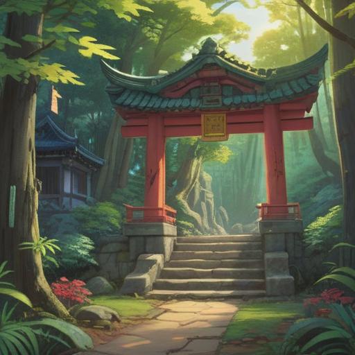A serene illustration of the Magata Shrine, enchanting atmosphere, lush greenery surrounding the shrine, gentle sunlight filtering through the trees, people meditating peacefully, an aura of magic and tranquility, spiritual symbols, inviting entrance, harmonious balance, serene reflections in a nearby pond, 4k