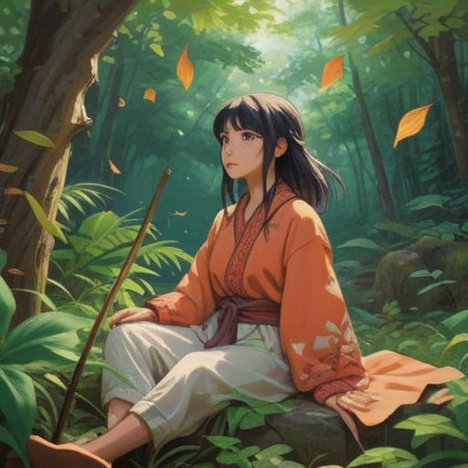 A serene scene depicting an individual wearing linen clothing, surrounded by nature, gentle sunlight filtering through leaves, subtle spiritual symbols in the air, peaceful expression on their face, harmonious connection with the environment, relaxed posture, ethereal glow, 4k