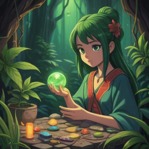 A serene and mystical illustration, showcasing the connection between hemp and lucky stones, vibrant green hemp plants intertwined with shimmering gemstones, an ethereal glow surrounding the composition, symbols of abundance and spirituality, a tranquil landscape with soft light, intricate details on stones and plants, harmonious atmosphere, peaceful setting, 4k