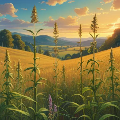 A serene and mystical illustration of hemp plants standing tall in a tranquil field, soft golden light illuminating the scene, symbolic spirals and waves radiating from the plants, representing spiritual energy, peaceful atmosphere, ethereal background with subtle clouds, harmonious connection to nature, 4k