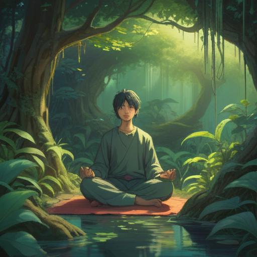 A tranquil scene depicting a person meditating in a serene environment, soft light filtering through lush green leaves, subtle energy waves represented as gentle ripples in the air, symbols of spiritual signs appearing around, such as feathers and butterflies, a calm expression on the person's face, harmonious colors, nature's beauty surrounding them, 4k