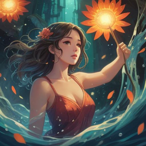 A mysterious woman surrounded by ethereal energy, glowing aura, enchanting eyes, nature elements like flowing water and blooming flowers, symbolizing spiritual depth and allure, mystical atmosphere, dreamlike setting, intricate details, vibrant colors, 4k