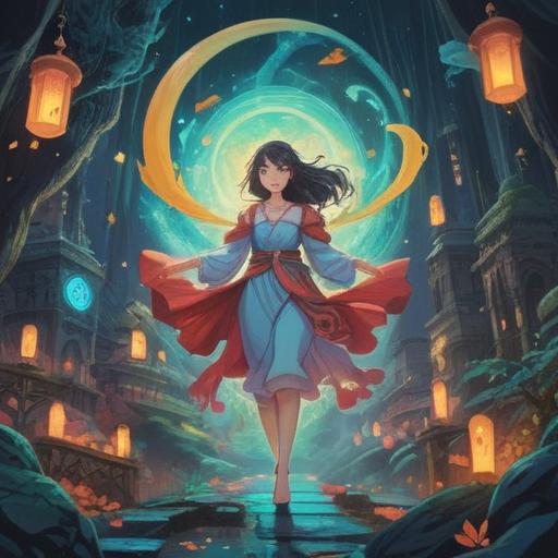 A captivating scene featuring a mesmerizing woman surrounded by ethereal light, mystical symbols floating in the air, serene and harmonious atmosphere, elements of nature intertwining with spiritual motifs, inviting aura, powerful yet gentle presence, enchanting landscape, vibrant colors, intricate details, evoking a sense of wonder and tranquility.