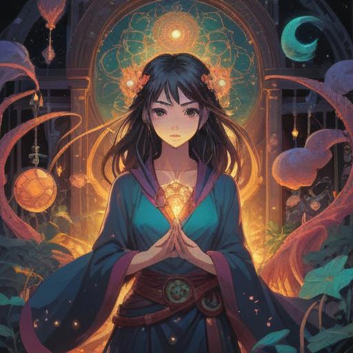 A mystical woman embodying alluring qualities, surrounded by ethereal symbols, glowing aura, intricate patterns, mysterious atmosphere, spiritual signs like butterflies and stars, captivating gaze, enchanting forest backdrop, mystical energy, 4k