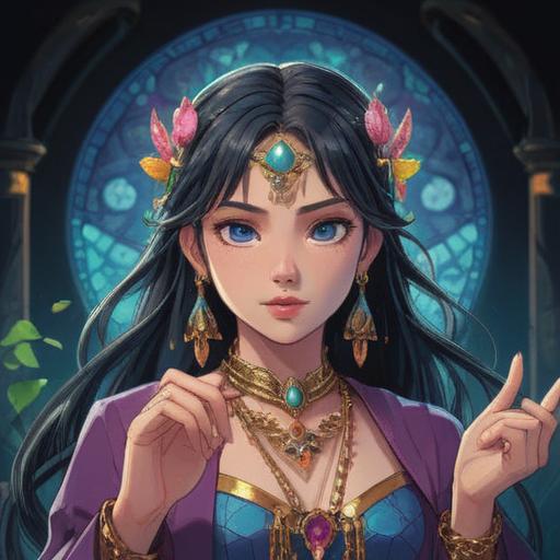 A mystical woman adorned in enchanting jewelry, shimmering gemstones reflecting light, surrounded by an aura of luck and prosperity, elegant and captivating presence, rich colors and intricate designs, a magical setting with sparkling effects, evoking a sense of transformation and allure, 4k