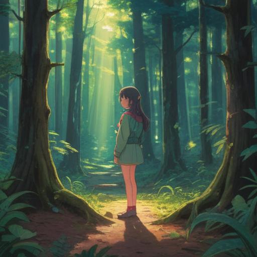 A serene and reflective scene, a figure standing at the edge of a tranquil forest, sunlight filtering through the trees, gentle aura surrounding the figure, symbolizing inner peace, connection to nature, vibrant greenery, soft glimmers of light, hinting at spiritual growth and self-discovery, peaceful atmosphere, 4k