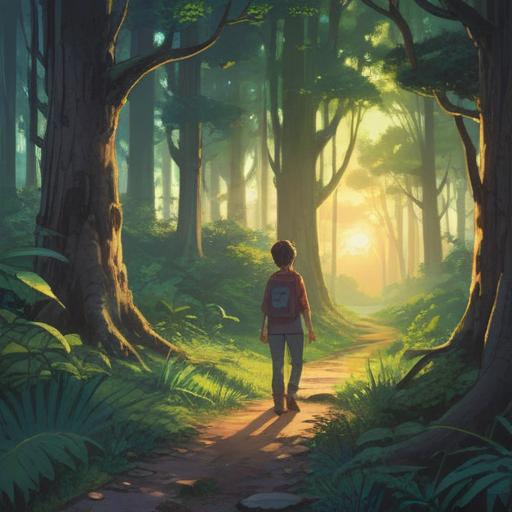 A serene scene depicting a person standing at a crossroads, surrounded by nature, sunlight filtering through the trees, a path symbolizing personal growth and self-discovery, gentle river flowing nearby, soft breeze rustling leaves, feeling of tranquility and hope, vibrant colors, 4k