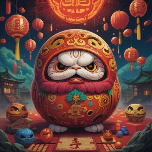 A symbolic illustration of lucky items for overcoming hardships, featuring a traditional Japanese daruma doll, vibrant colors, surrounded by various talismans like omamori and maneki-neko, serene background with cherry blossom trees, uplifting atmosphere, intricate details, 4k