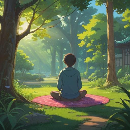 A serene scene illustrating mindfulness techniques for overcoming hardships, a person meditating in a tranquil park, soft sunlight filtering through trees, calming nature sounds, harmonious environment, gentle breeze, comforting atmosphere, deep focus on mental well-being, vibrant colors, detailed foliage, peaceful expression, 4k
