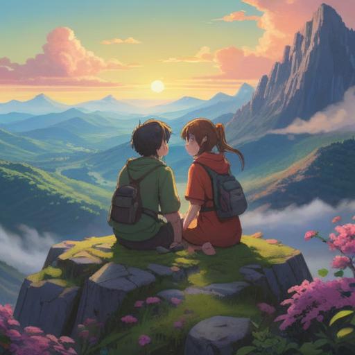 A serene and peaceful scene depicting true friendship, two figures sitting together on a mountain top, sharing a moment of understanding, ethereal light surrounding them, symbols of spirituality like aura or energy flow, nature elements symbolizing connection, soft colors, harmonious atmosphere, otherworldly touch, 4k