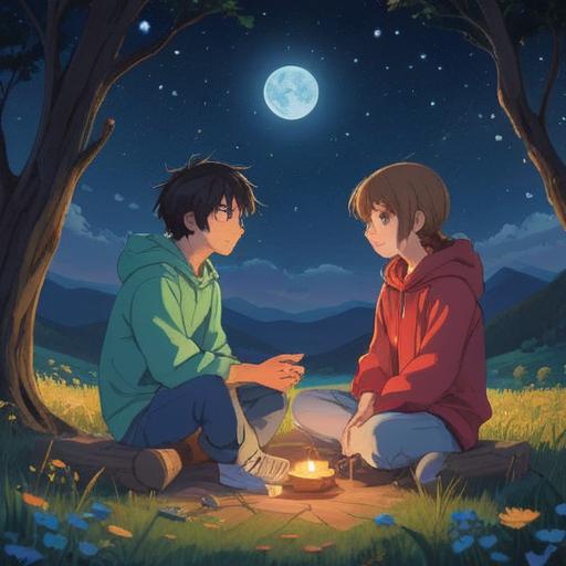 A serene and uplifting scene depicting true friendship, two friends sitting together under a starry sky, radiant light surrounding them, symbols of spirituality such as glowing orbs and gentle auras, peaceful expressions on their faces, nature elements like trees and flowers in the background, harmonious and positive energy, warm color palette, 4k
