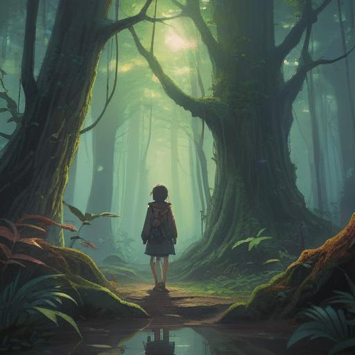 A solitary figure standing in a misty forest, surrounded by ancient trees, soft light filtering through the leaves, contemplating their place in the universe, ethereal atmosphere, symbols of connection and solitude, serene expression, reflections of inner thoughts, vibrant colors blending with soft pastels, 4k