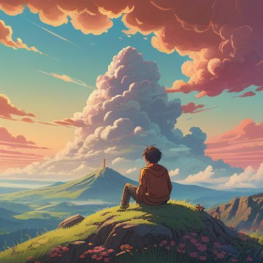 A serene landscape depicting a person sitting alone on a hill, surrounded by soft clouds and gentle sunlight, symbolizing introspection and personal growth, subtle hints of spiritual symbols in the background, a gentle breeze rustling the grass, calm and peaceful atmosphere, vibrant yet soft color palette, 4k