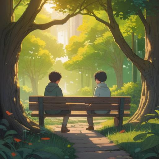 A serene illustration depicting a peaceful setting where two individuals are engaging in meaningful conversation, soft sunlight filtering through the trees, a bench in a tranquil park, gentle expressions reflecting openness and understanding, lush greenery surrounding them, a sense of connection and support, harmonious atmosphere, emotional warmth, 4k