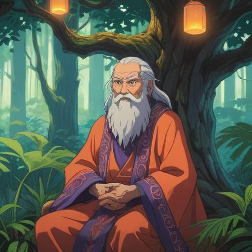 A serene scene depicting a wise elder, surrounded by nature, emanating a warm, spiritual aura, gentle light filtering through trees, symbols of guidance in the air, peaceful expression, advice being shared through a soul connection, tranquil environment, 4k