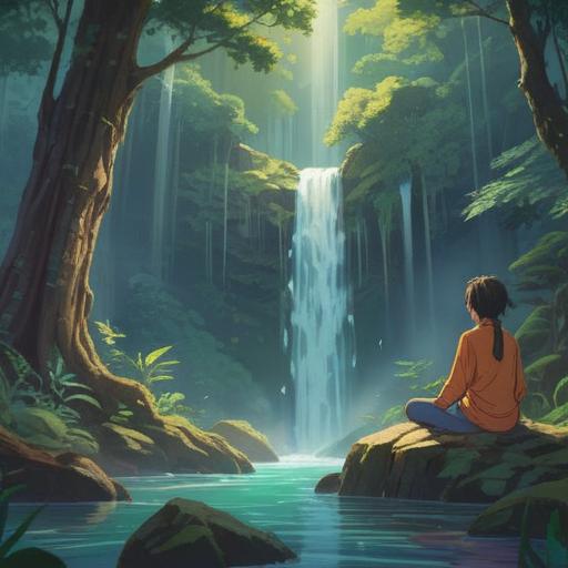 A serene landscape depicting an individual meditating under a cascading waterfall, ethereal light filtering through the trees, symbols of spiritual signs like feathers and glowing orbs surrounding them, deep connection with nature, peaceful and reflective atmosphere, 4k