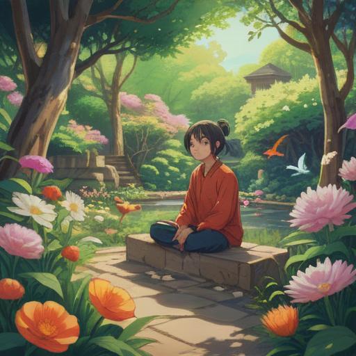 A serene morning scene, a person practicing mindfulness in a peaceful garden, surrounded by blooming flowers and chirping birds, meditation posture, sunlight filtering through trees, a journal and a cup of tea nearby, promoting mental resilience and positive habits, calming atmosphere, vibrant colors, 4k