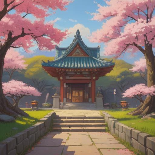 A serene landscape with a glowing pathway leading to a peaceful shrine, people meditating under cherry blossom trees, soft beams of light illuminating the area, symbolizing spiritual transformation and positive change, harmonious colors, tranquil atmosphere, intricate details of nature, signs of growth and renewal, 4k