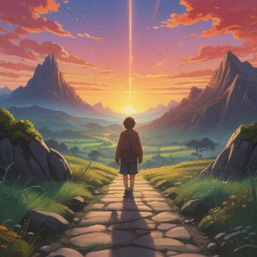 A serene sunrise over a tranquil landscape, a person standing on a path, looking towards the horizon, symbols of new beginnings around, gentle breeze rustling leaves, soft light illuminating the scene, hopeful expressions, fresh blossoms symbolizing growth, 4k