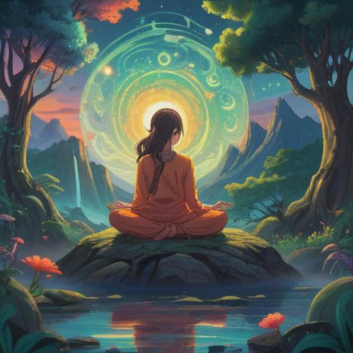A serene and mystical illustration depicting the concept of spiritual origin, ethereal landscapes, gentle swirling energies, a figure meditating under a cosmic sky, surrounded by symbols of heritage, tranquil colors, a sense of connection to the universe, deep roots symbolizing ancestry, harmonious and transcendent atmosphere, 4k