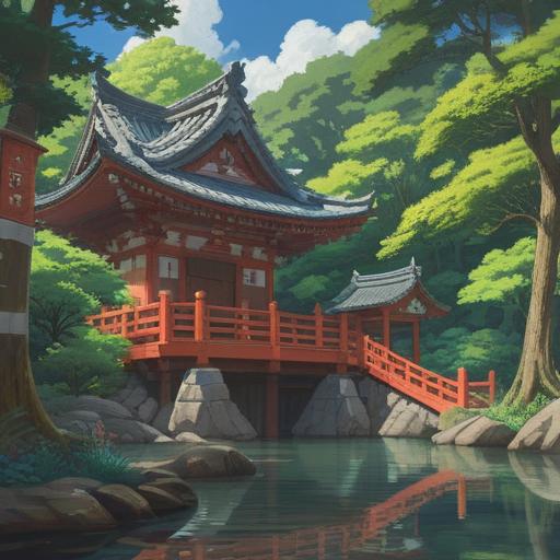 A serene scene at Honmiyoshi Shrine, surrounded by lush green trees, a tranquil pond reflecting the shrine's architecture, visitors engaging in spiritual rituals, the sunlight filtering through the leaves, serene atmosphere, rich cultural heritage, traditional Japanese elements, vivid natural colors, peaceful setting, capturing spirituality, 4k