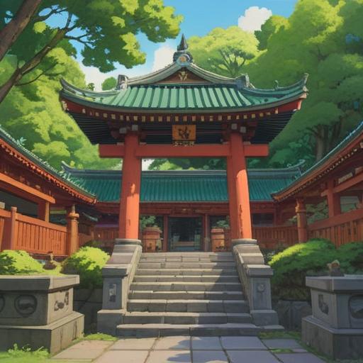 A serene and spiritual illustration of the Honsumiyoshi Shrine, lush greenery surrounding the shrine, peaceful atmosphere, visitors receiving positive energy, divine symbols subtly integrated, sunlight filtering through trees, Japanese architecture, harmonious colors, tranquil ambiance, intricate details, 4k