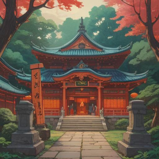 A serene illustration of the Honsumiyoshi Shrine, sacred symbols prominently displayed, a tranquil atmosphere, visitors observing spiritual signs, lush greenery surrounding the shrine, soft rays of sunlight streaming through the trees, subtle details of traditional Japanese architecture, harmonious connection with nature, meditative vibe, 4k