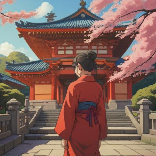 A serene scene at Honsumiyoshi Shrine, a visitor experiencing a moment of tranquility after prayer, surrounded by traditional Japanese architecture, lucky charms displayed prominently, soft sunlight filtering through cherry blossoms, detailed shrine decorations, vibrant colors, peaceful atmosphere, captured in 4k