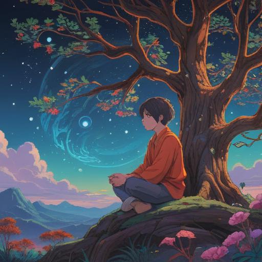 A mystical scene depicting a person sitting in meditation under a celestial tree, ethereal lights surrounding them, symbols of intuition and awareness floating in the air, subtle energy waves, serene landscape, soft glimmers of spiritual signs, awakening essence, 4k