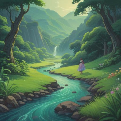 A serene landscape of Hon-Atsugi, depicting spiritual essence, lush green hills, gentle flowing river, meditative figures in nature, ethereal light filtering through trees, tranquil atmosphere, connection with spirituality, harmonious balance, 4k