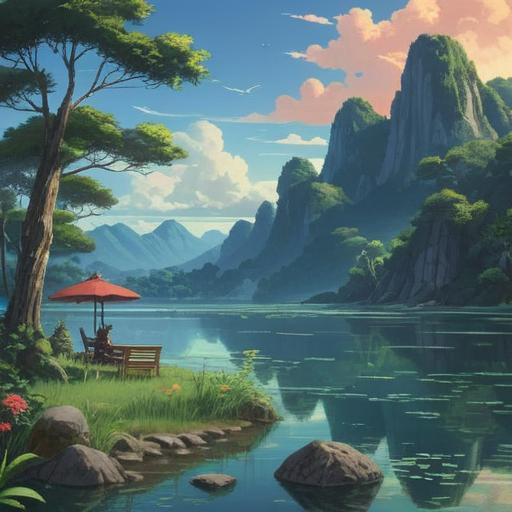 A serene landscape of Hon-Atsugi, lush greenery, calm lake reflecting the sky, subtle spiritual symbols in the air, locals engaging in meditation, harmony with nature, soft sunlight filtering through trees, vibrant flowers, peaceful atmosphere, 4k