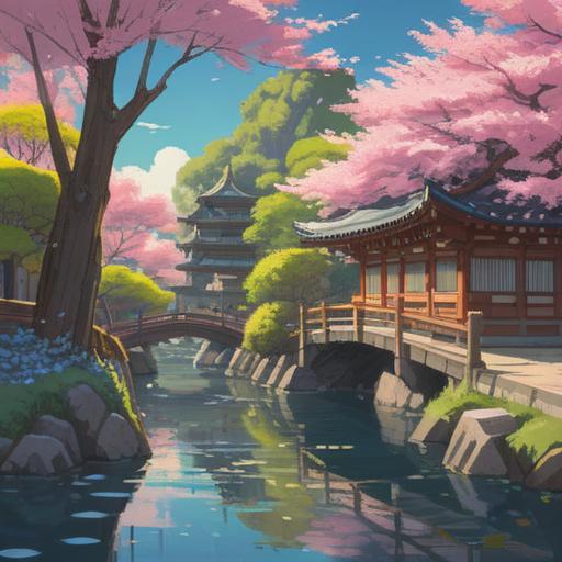 A serene landscape of Hon-Atsugi, Japan, showcasing a tranquil park with blooming cherry blossoms, mystical light rays filtering through the trees, a quiet pathway leading to a small shrine, subtle spiritual symbols in the air, peaceful atmosphere, soft focus, vibrant colors, inviting details, 4k
