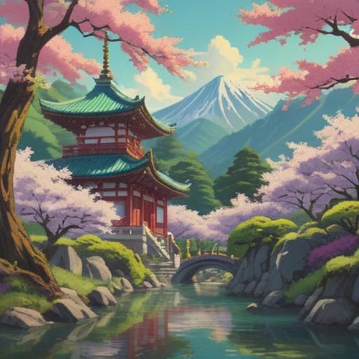 A scenic illustration of a lucky spot in Hon-Atsugi, vibrant green landscape, traditional Japanese temple, cherry blossom trees in full bloom, people visiting with smiles, serene atmosphere, sunlight filtering through the leaves, rich cultural details, 4k