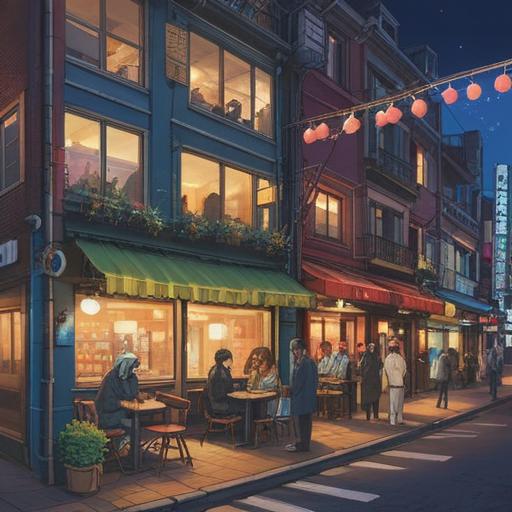 A vibrant scene capturing a joyful day in Hon-Atsugi, local cafes bustling with activity, people enjoying delicious food and drinks, lush parks with families picnicking, cultural events showcasing traditional performances, colorful street markets filled with unique crafts, serene walking paths lined with cherry blossoms, a warm sense of community, sunlight filtering through the trees, 4k