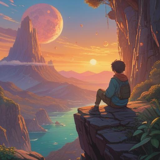 A serene and contemplative scene depicting a person sitting on a cliffside at sunset, surrounded by ethereal light orbs, representing inner conflict and emotional turmoil, soft winds gently blowing their hair, a sense of calmness and introspection, vibrant colors reflecting the sunset, peaceful landscape, spiritual elements like floating crystals or wisps, symbolic of unfulfilled potential and hesitation, 4k