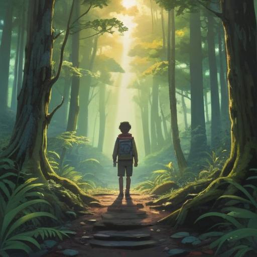 A serene and introspective scene depicting a person standing at a crossroads in a tranquil forest, sunlight filtering through the trees, symbolic representation of choices, ethereal atmosphere, gentle breeze, a sense of inner peace and contemplation, spiritual growth reflected in nature, vibrant colors, harmonious balance, 4k