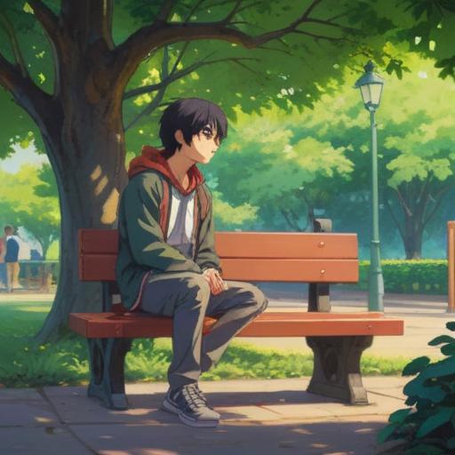 A serene scene depicting a person sitting on a park bench, gazing at a smooth, shimmering lucky stone resting in their palm, surrounded by a tranquil green landscape, gentle sunlight filtering through the trees, a feeling of contemplation and uncertainty, soft breeze rustling leaves, 4k