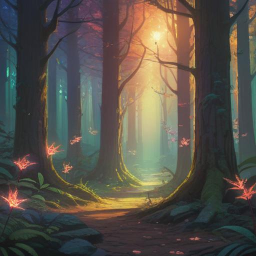 A mystical forest clearing, sunlight filtering through the trees, a glowing leather object on the ground, ethereal spirits surrounding it, vibrant colors, symbolic shapes in the air, hints of ancient wisdom, serene atmosphere, spiritual awakening, 4k