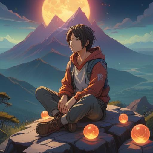 A serene landscape featuring a person sitting cross-legged on a mountain top, surrounded by glowing orbs of light, radiant energy emanating from their heart, expressive facial features reflecting deep introspection, vibrant colors blending in harmony, misty atmosphere adding a mystical touch, symbols of spirituality softly illuminated, capturing a sense of inner peace and enlightenment, 4k