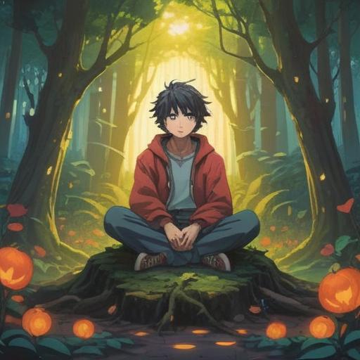 A serene landscape depicting the inner turmoil of unspoken thoughts, ethereal light filtering through dense trees, a figure sitting cross-legged in meditation, surrounded by floating symbols of communication and spirituality, a misty aura creating a sense of introspection, vibrant energy swirling around, representing hidden feelings, soft and calming color palette, 4k