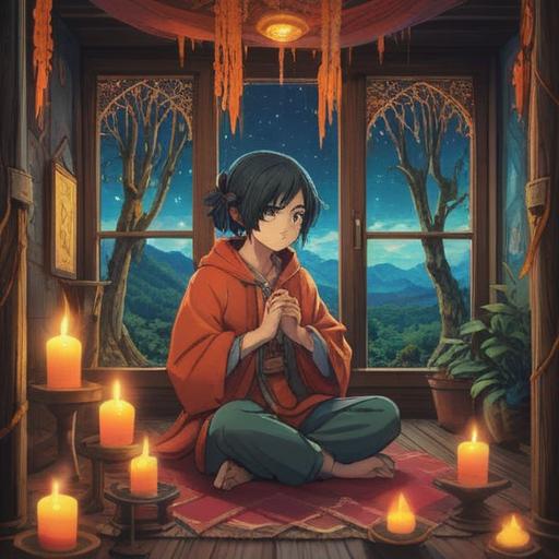 A serene and mystical scene, a tranquil meditation space, soft candlelight flickering, a person sitting cross-legged on a vibrant tapestry, surrounded by crystals and incense smoke, a gentle aura of spiritual energy, hints of nature outside a window, warm and inviting atmosphere, introspective expression, 4k