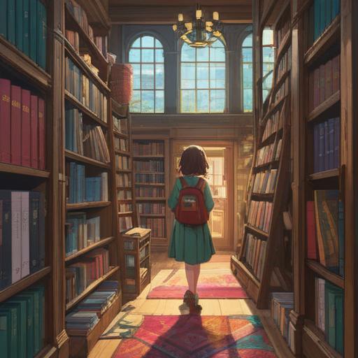 A serene illustration depicting a person standing in a tranquil bookstore, surrounded by shelves filled with colorful books, soft light filtering through the windows, an aura of magic and enlightenment, hands reaching toward a book with glowing pages, symbols of knowledge and spirituality in the air, peaceful atmosphere, 4k
