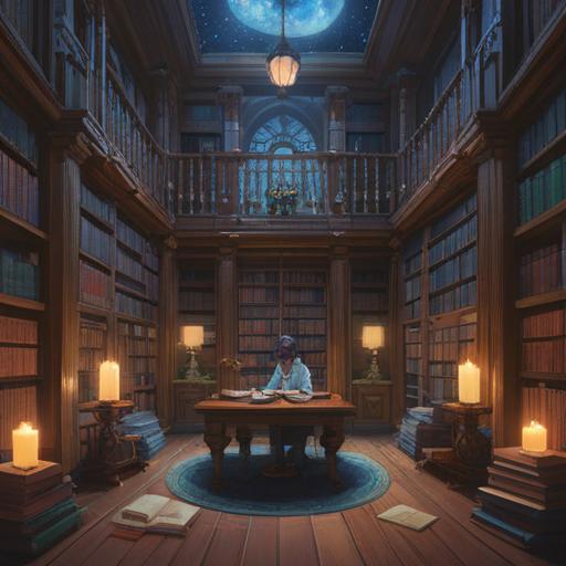 A serene and insightful image of a person in a tranquil library, surrounded by floating books illuminated by gentle light, ethereal symbols appearing in the air, a sense of inner peace, deep contemplation on spirituality, thoughtful expression, warm wood tones, soft sunlight filtering through windows, inviting atmosphere, 4k